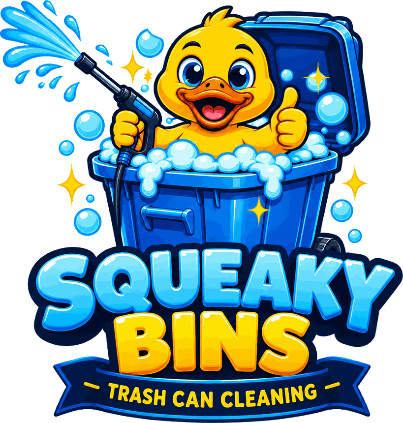 Squeaky Bins logo: a rubber duck holding a pressure washer in a foamy blue wheelie bin